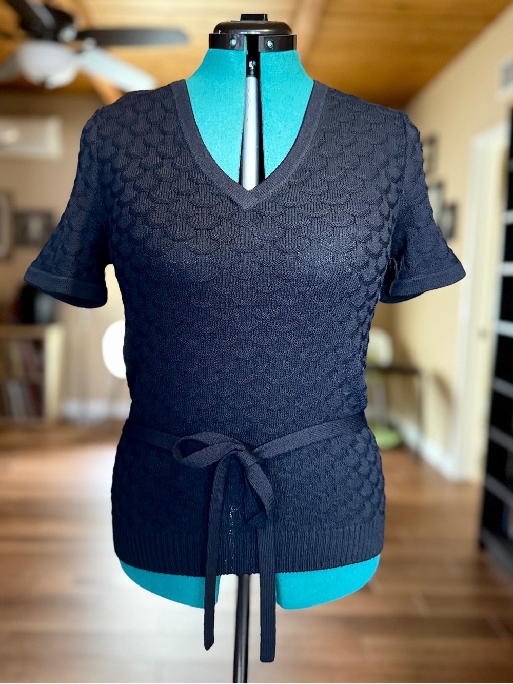 St. John Sport Textured V-Neck Short Sleeve Top with Tie Belt - Black